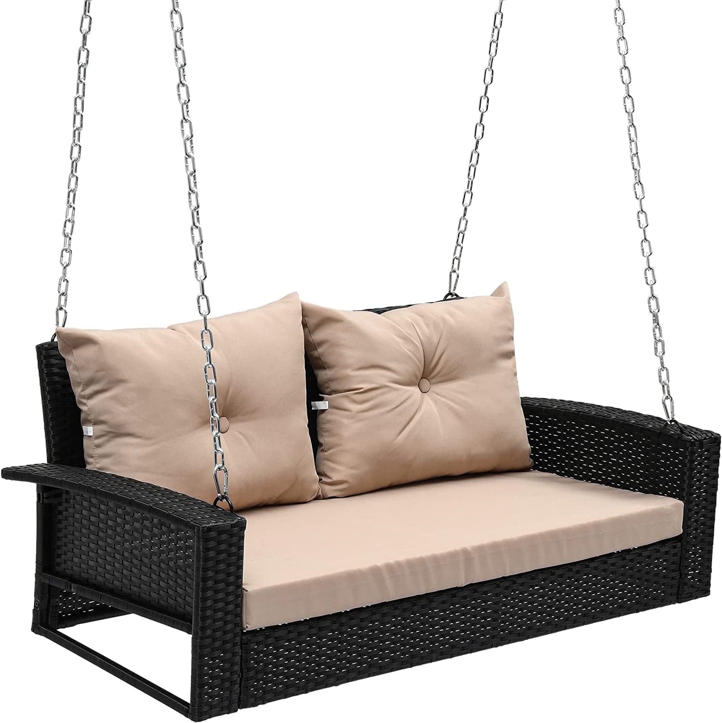 Dextrus 2-Seats Wicker Hanging Porch Swing Chair Outdoor Black Rattan Patio Swing Lounge w/ 2 Back Cushions Capacity 770lbs for Garden, Balcony, Living Room, Beige