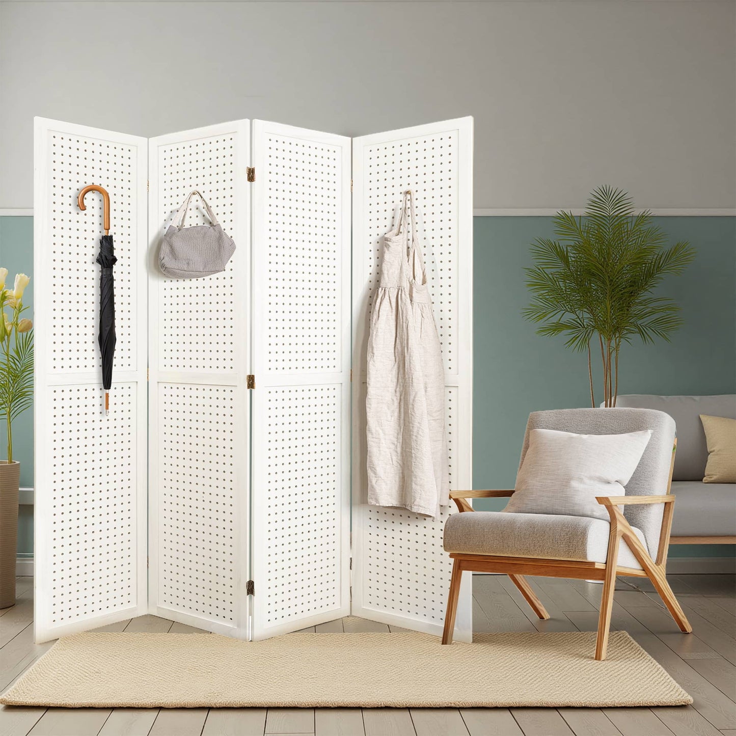 Dovelina 4 Panel Freestanding Room Divider, 5.6Ft Wooden Privacy Screen with Shelves, White