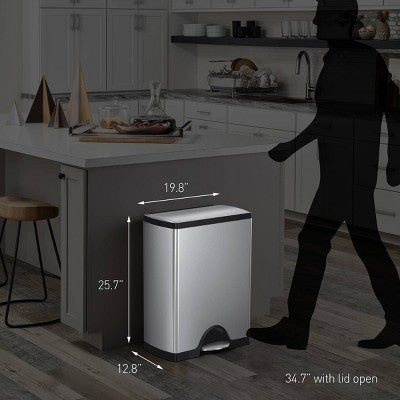 simplehuman 46L Dual Compartment Kitchen Step Trash Can & Recycler Stainless Steel Garbage Can with Fingerprint Proof Finish