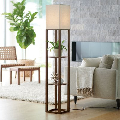 Shelf Floor Lamp Brown - Threshold: ETL Listed, Linen Shade, MDF Body, 62.5" Tall