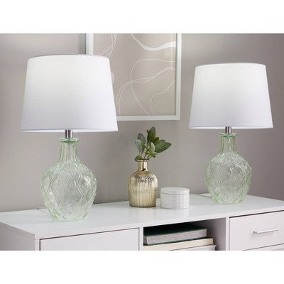 LumiSource (Set of 2) Gloria Round 20" Contemporary Table Lamps Clear Champagne Lustre Glass, Chrome Metal and White Linen Shade