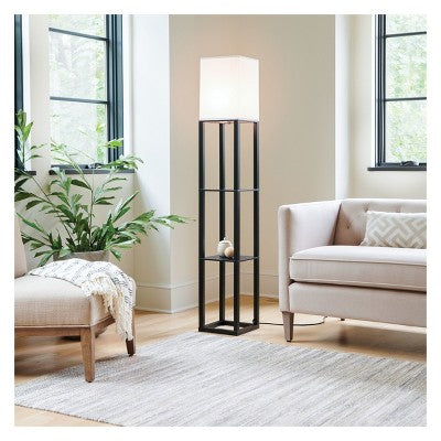 Shelf Floor Lamp Brown - Threshold: ETL Listed, Linen Shade, MDF Body, 62.5" Tall