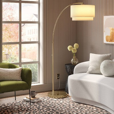 68"x41" Knurled Metal Arc Floor Lamp with Tiered Shade Brass - Threshold: Curved Standing Illumination for Living Room