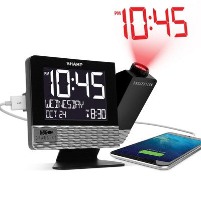 Projection with Usb Charge Table Clock Black - Sharp: Modern LED Display, Snooze, Wall Projection Feature