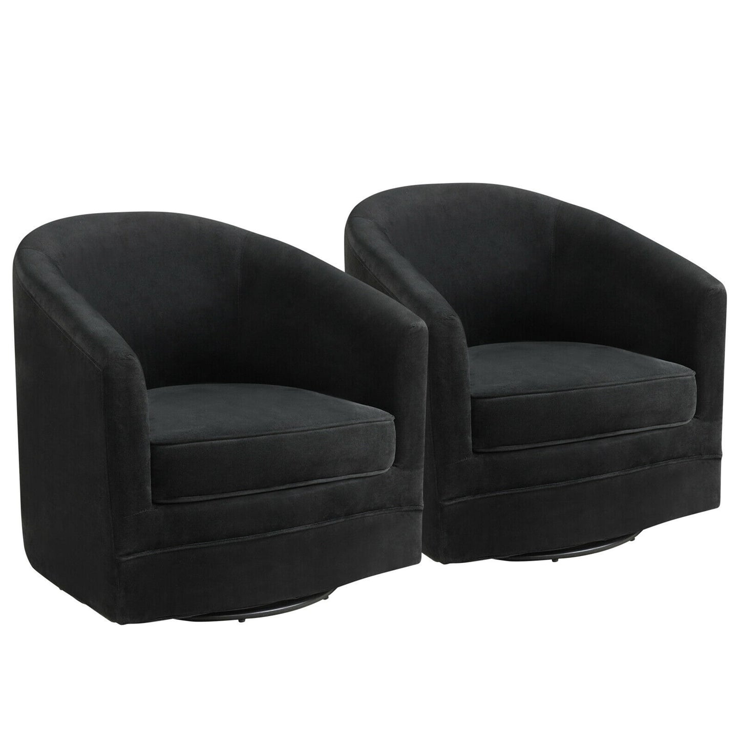 Gymax Velvet Swivel Barrel Accent Chairs with Metal Base, Black (Set of 2)