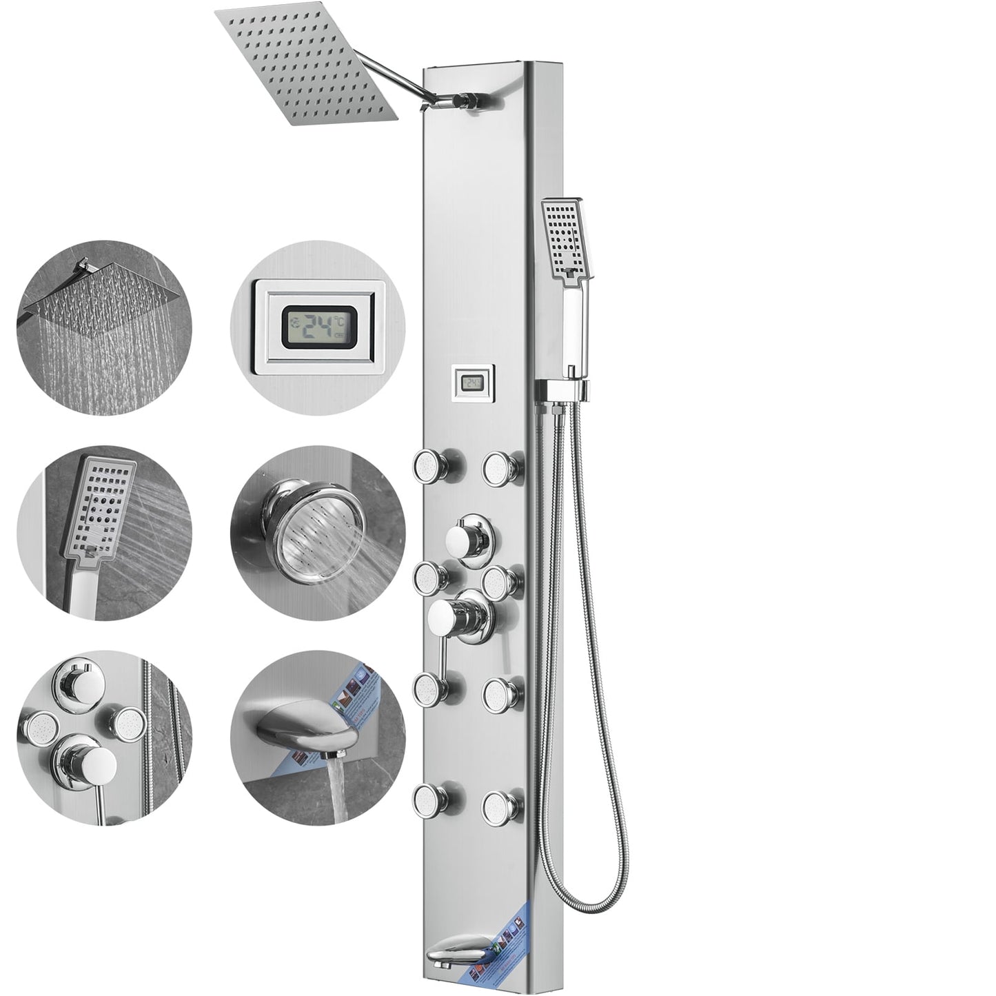 KFFKFF Shower Panel System, Quintuple Shower Functions, Numeric Indicator Shower Panel Tower, Downpour, 8 Therapeutic Jets, Bathtub Faucet, with 59" Hose, Stainless Steel Wall-Attached Bath Set