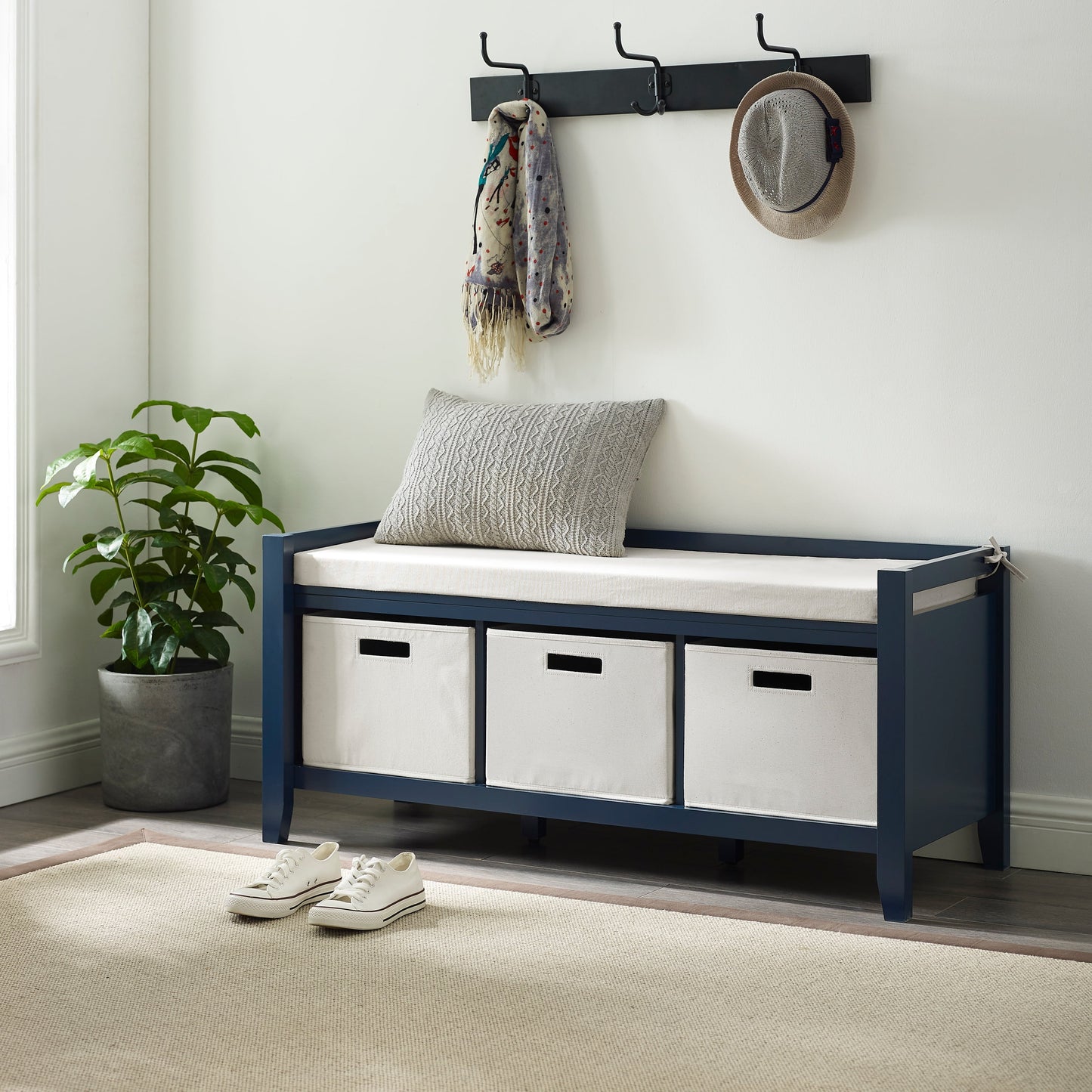 Linon Liesal Storage Bench with 3 Storage Bins, Navy Blue Finish with Cream Bins and Cushion