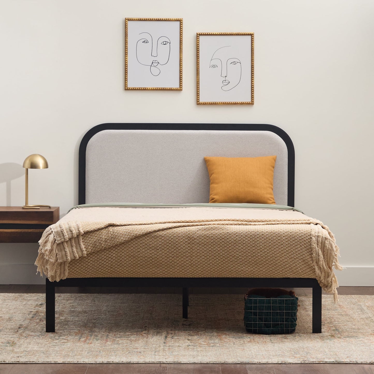 Rest Haven Salem Metal Platform Bed with Rounded Upholstered Headboard, Full, Gray