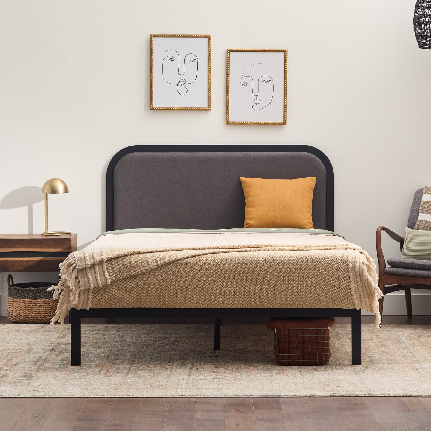 Rest Haven Salem Metal Platform Bed with Rounded Upholstered Headboard, Full, Gray