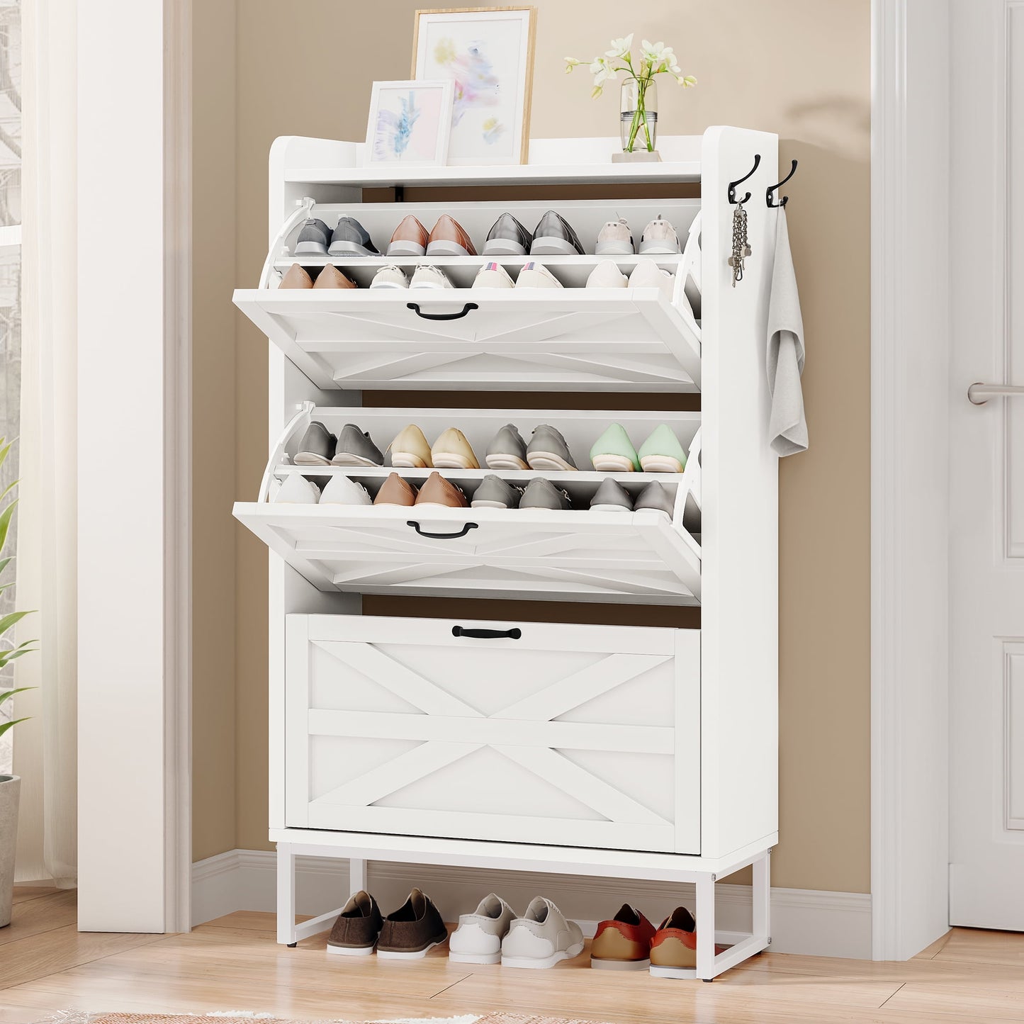 Uforic Slim Shoe Cabinet with 3 Flip Drawers, Space-Saving Shoe Storage for 24 Pairs, White
