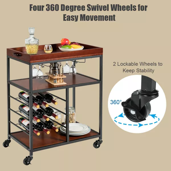 Costway 3 Tier Kitchen Trolley Utility Cart w/Wine Rack & Glass Holder