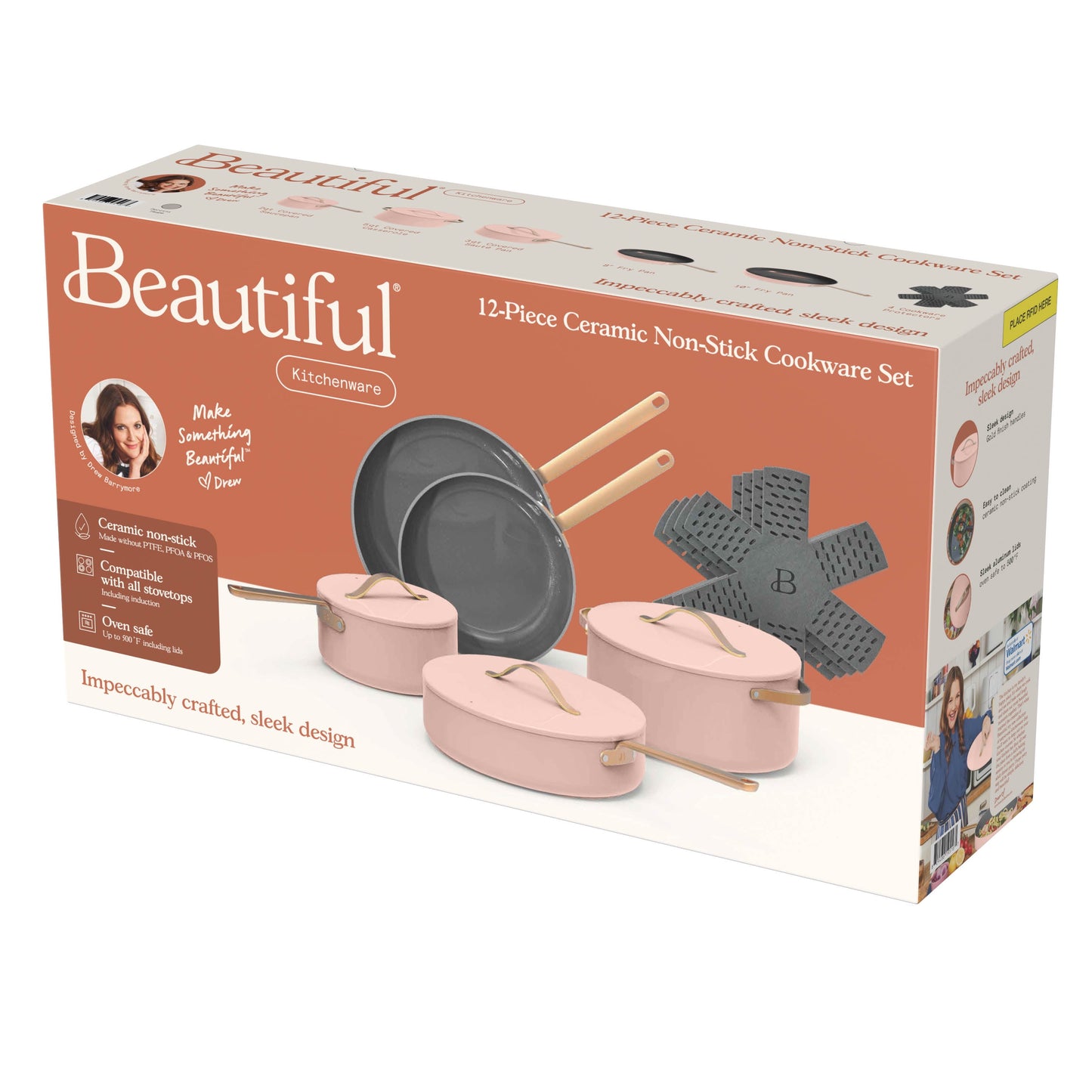 Beautiful 12pc Ceramic Non-Stick Cookware Set, Rose by Drew Barrymore