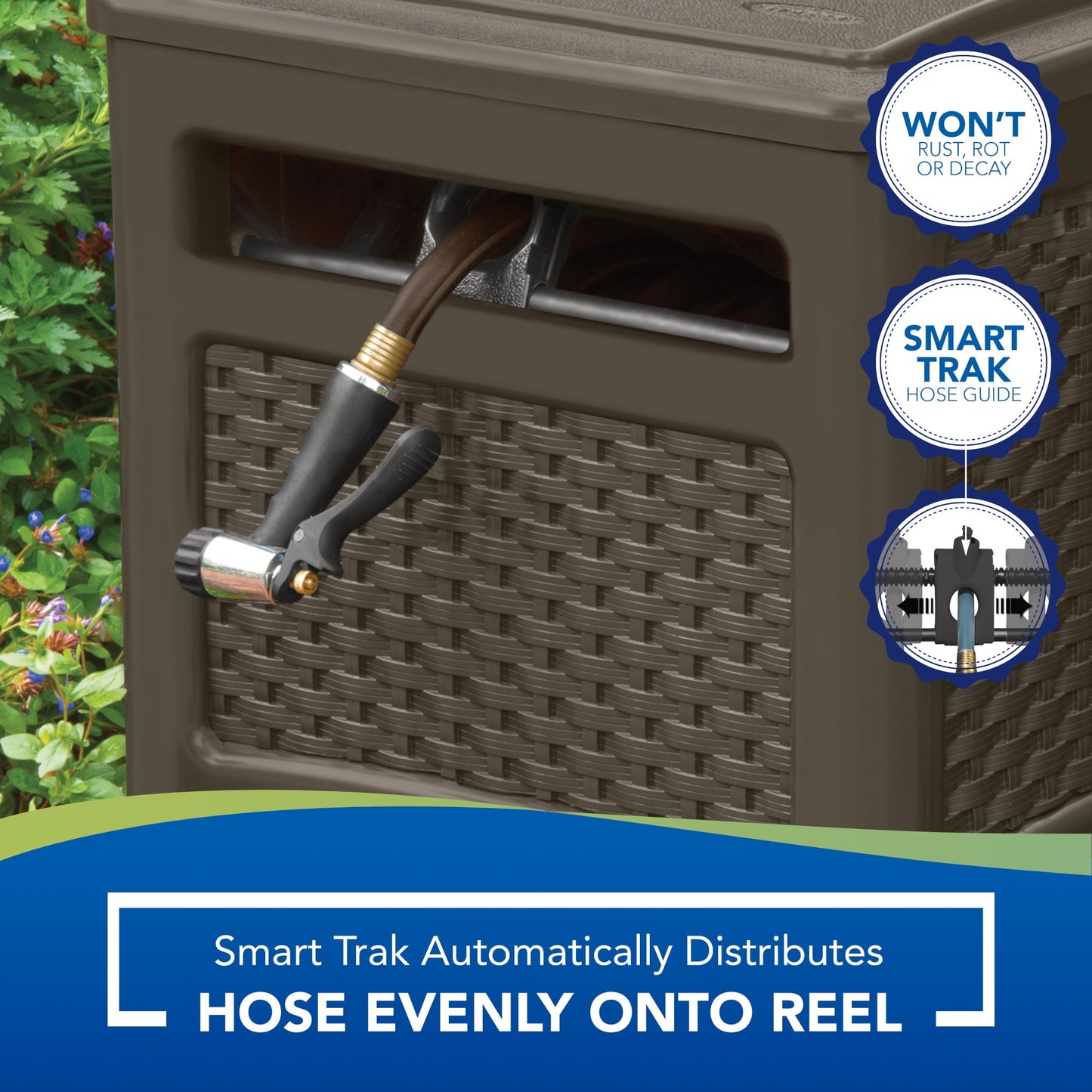 Suncast 225 ft. Smart Trak Wicker Garden Hose Reel Guide and Hideaway, Java Brown