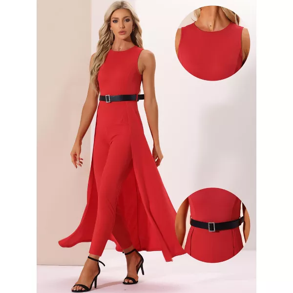 Allegra K Women's Patchwork Overlay Sleeveless Belted High-Waist Rompers Jumpsuit Red Large