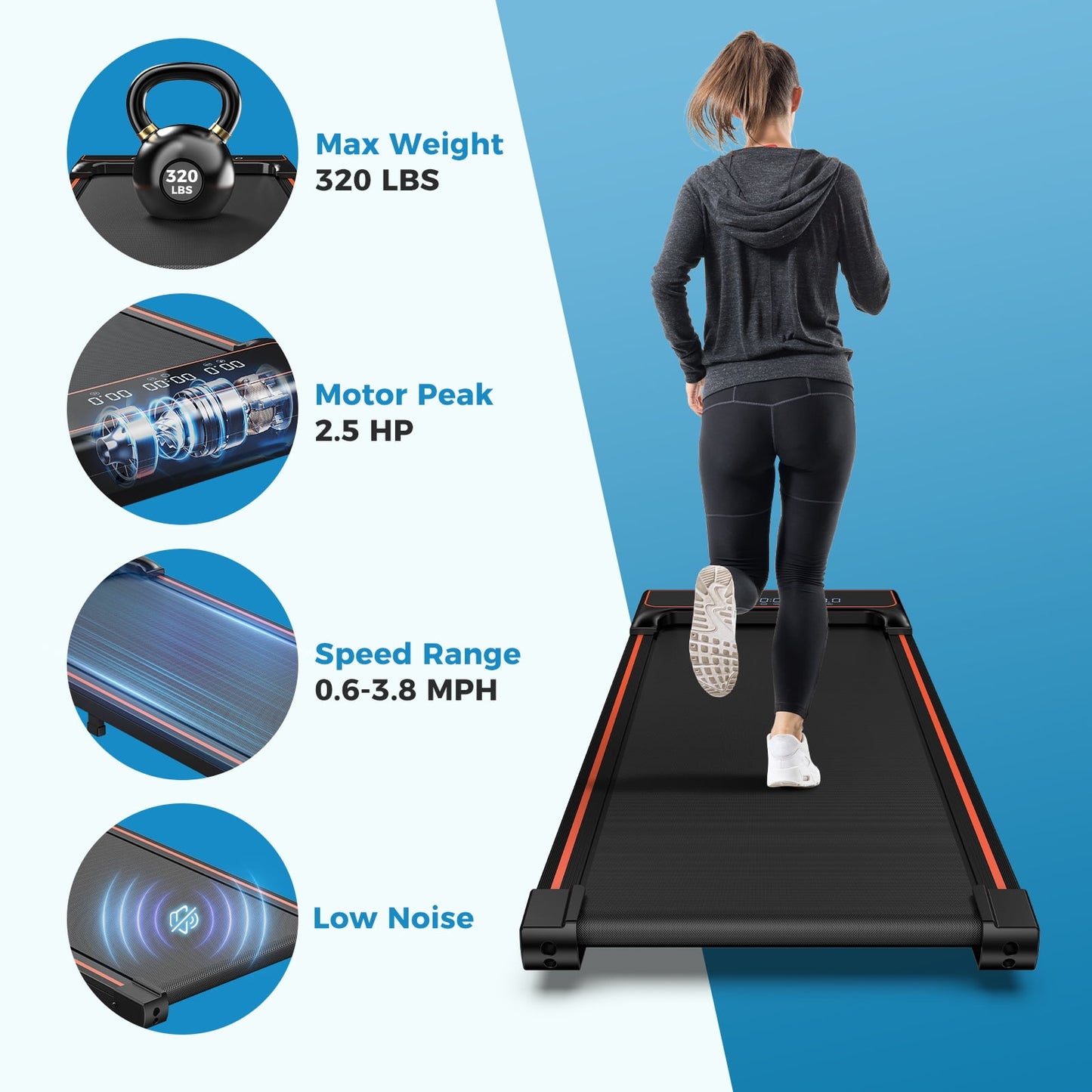 JOINSUN Compact Armless Treadmill with Remote Control, Space-Saving Design for Home & Office, Speed Range 0.6~3.8mph