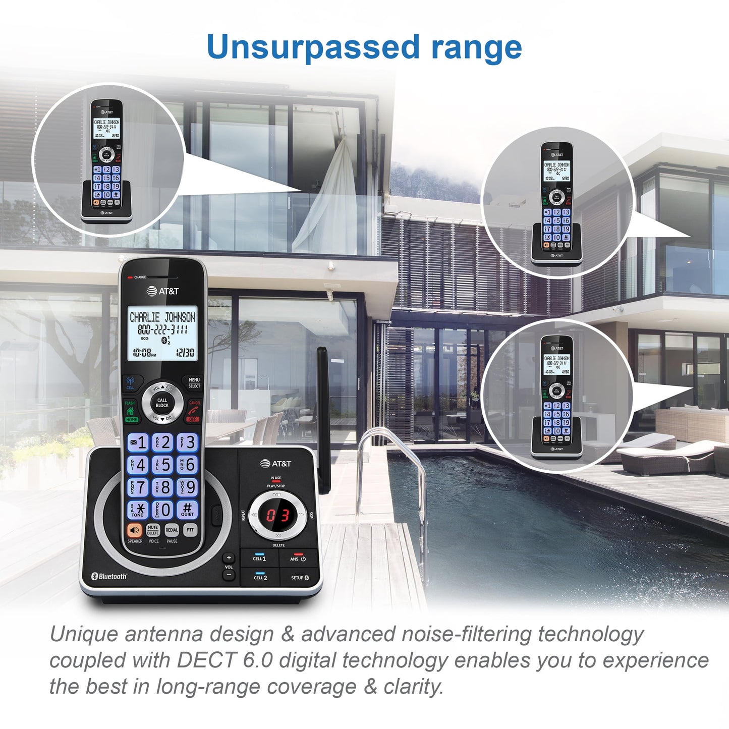 AT&T 2-Handset Expandable Cordless Phone with Unsurpassed Range, Bluetooth Connect to Cell, Smart Call Blocker and Answering System, DLP72212 (Black)
