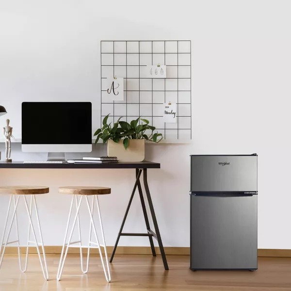 Whirlpool 3.1 cu ft Mini Refrigerator Stainless Steel WH31S1E: Energy Star Certified Dorm Fridge, Reversible Door, 2 Shelves