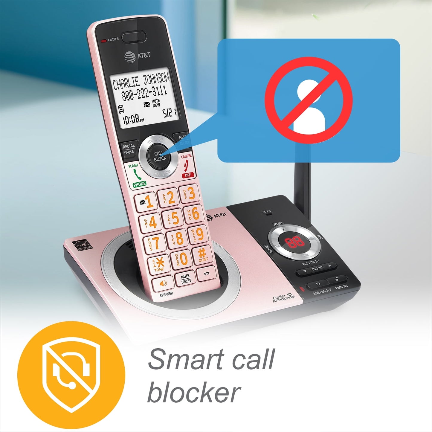 AT&T CL82229 2 Handset Cordless Expandable Answering System with Smart Call Block, Rose Gold