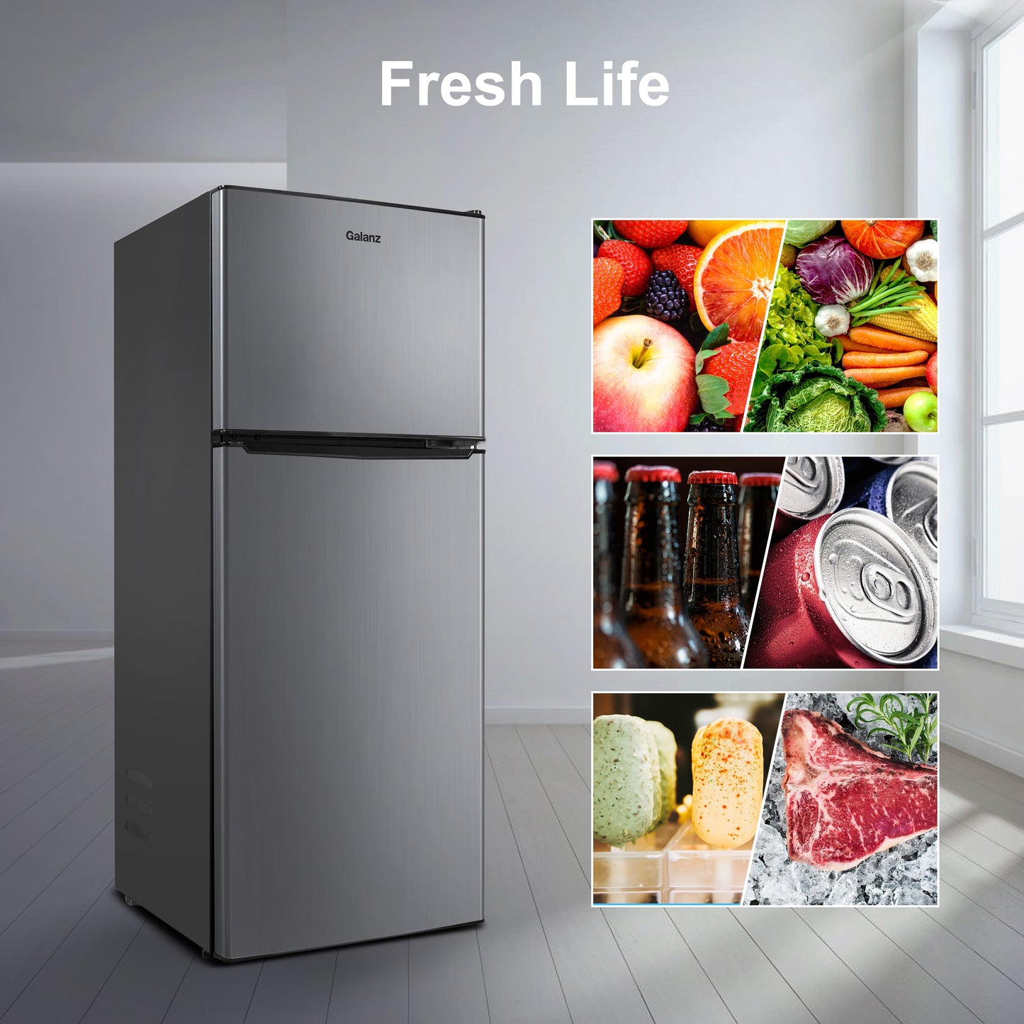 Galanz 4.6. Cu ft Two Door Mini Refrigerator with Freezer, Stainless Steel, New, Width 19.13"