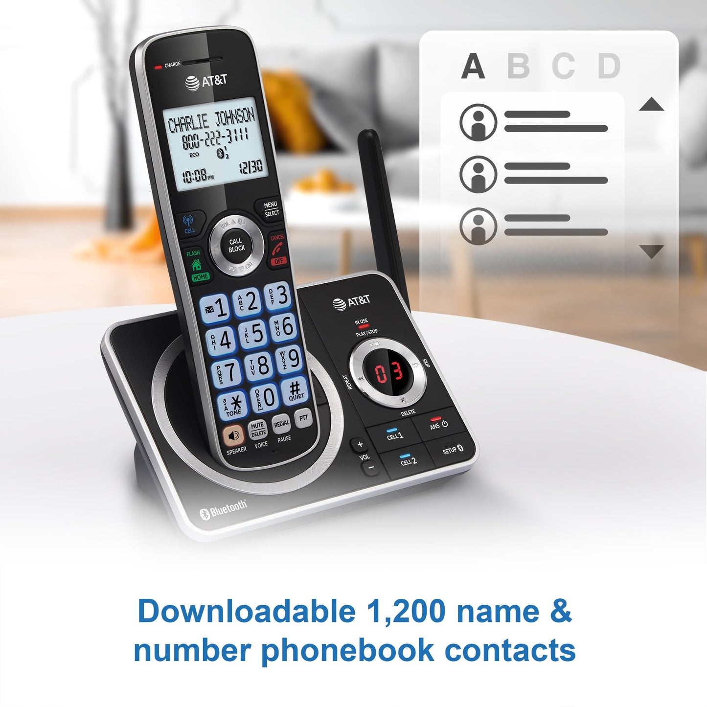 AT&T 2-Handset Expandable Cordless Phone with Unsurpassed Range, Bluetooth Connect to Cell, Smart Call Blocker and Answering System, DLP72212 (Black)