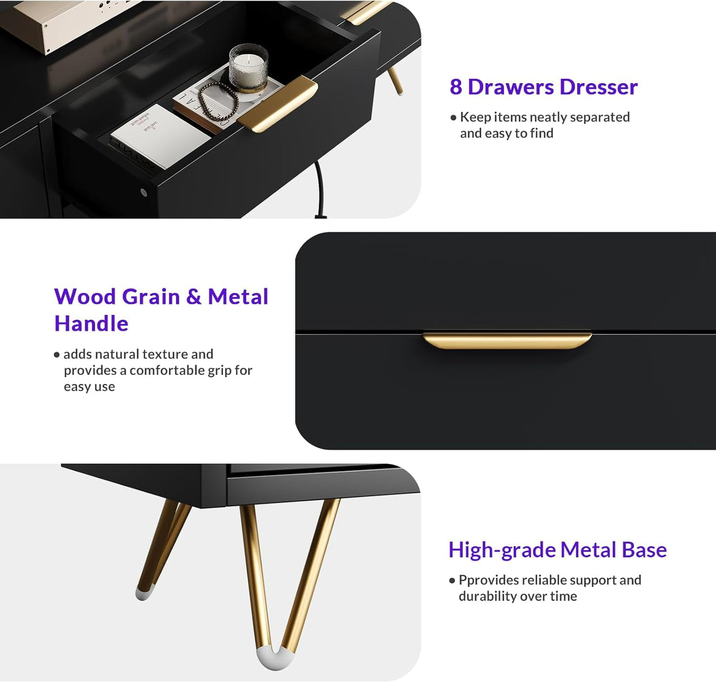 Hetoy 8-Drawer Black Dresser with LED Lighting & Integrated Charging Station – Modern Storage TV Stand for Bedroom, Living Room, Closet & Hallway Organization