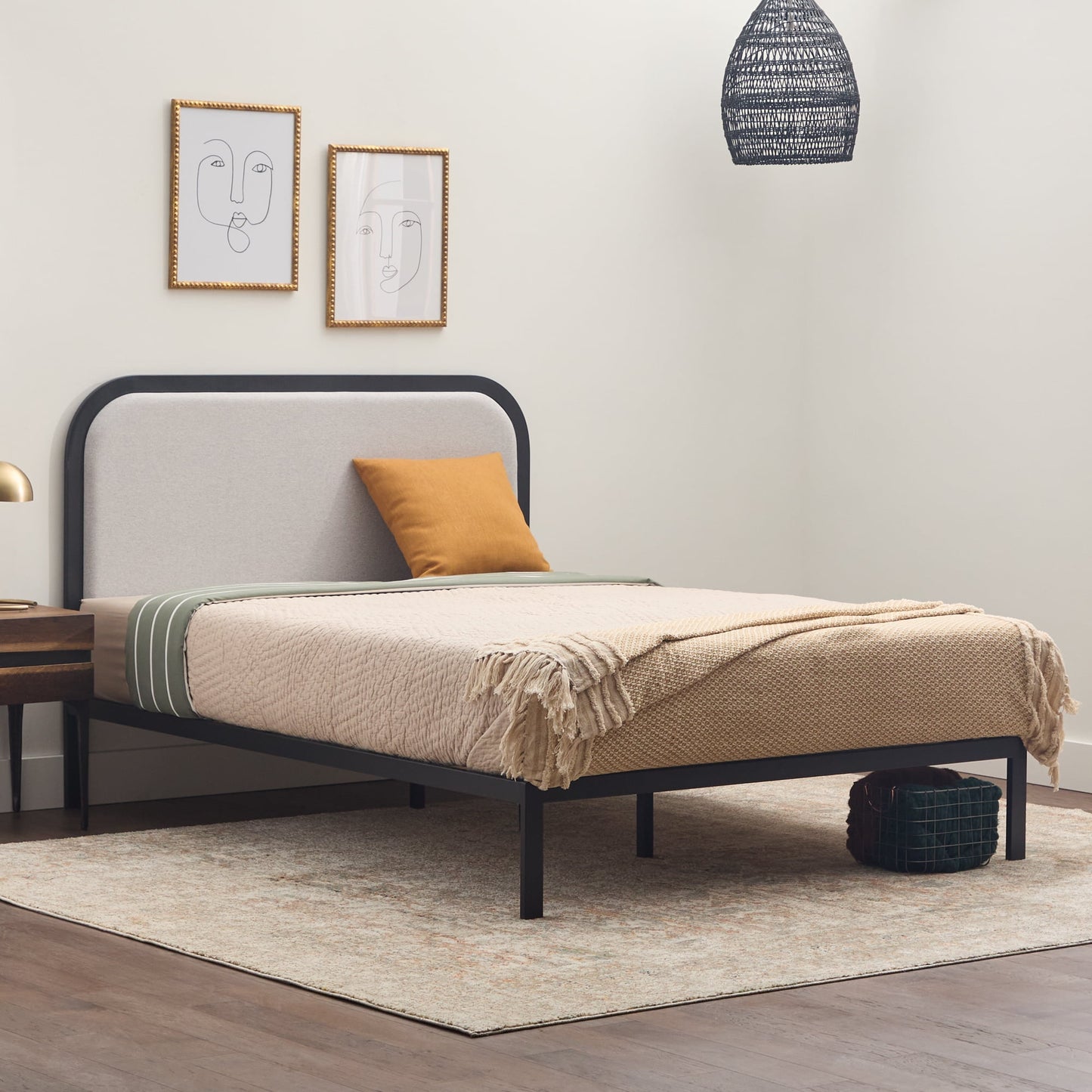 Rest Haven Salem Metal Platform Bed with Rounded Upholstered Headboard, Full, Gray