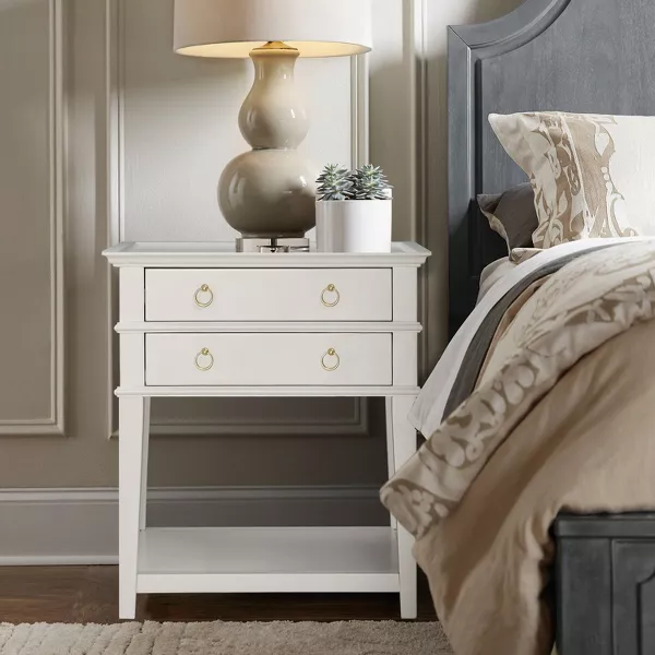 Comfort Pointe Clara Nightstand White: Recessed Top, 2 Drawers, Open Shelf, Painted MDF, Wood Frame
