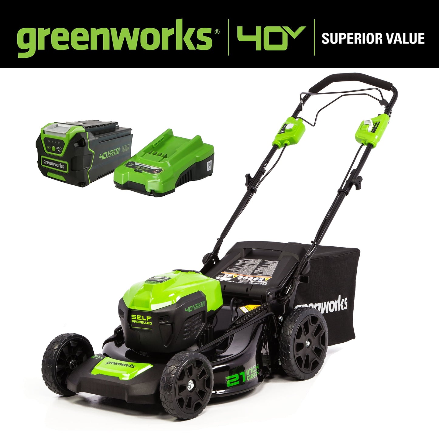 Greenworks 40V 21-inch Brushless Self-Propelled Lawn Mower W/5.0 Ah Battery and Charger, 2516402