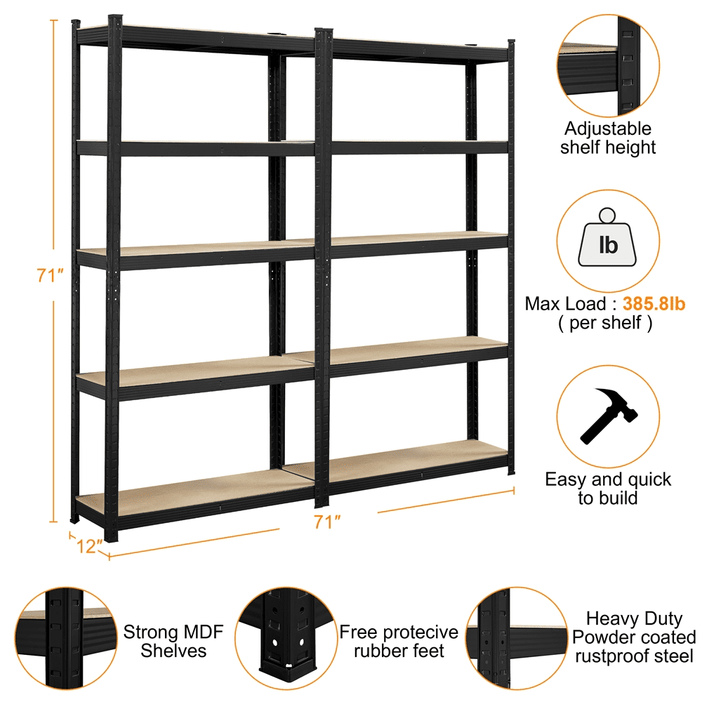Smile Mart 2PCS 5 Tiers Adjustable Storage Shelf Units for Garage, 35.5″ L*12″ W*71″ H, Black