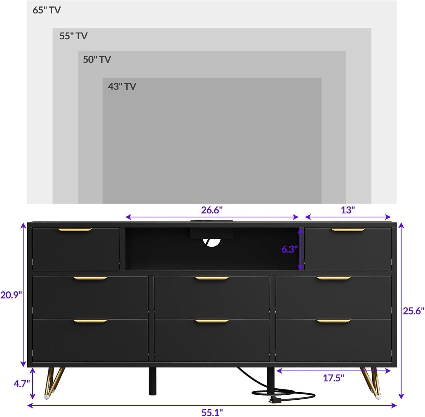 Hetoy 8-Drawer Black Dresser with LED Lighting & Integrated Charging Station – Modern Storage TV Stand for Bedroom, Living Room, Closet & Hallway Organization