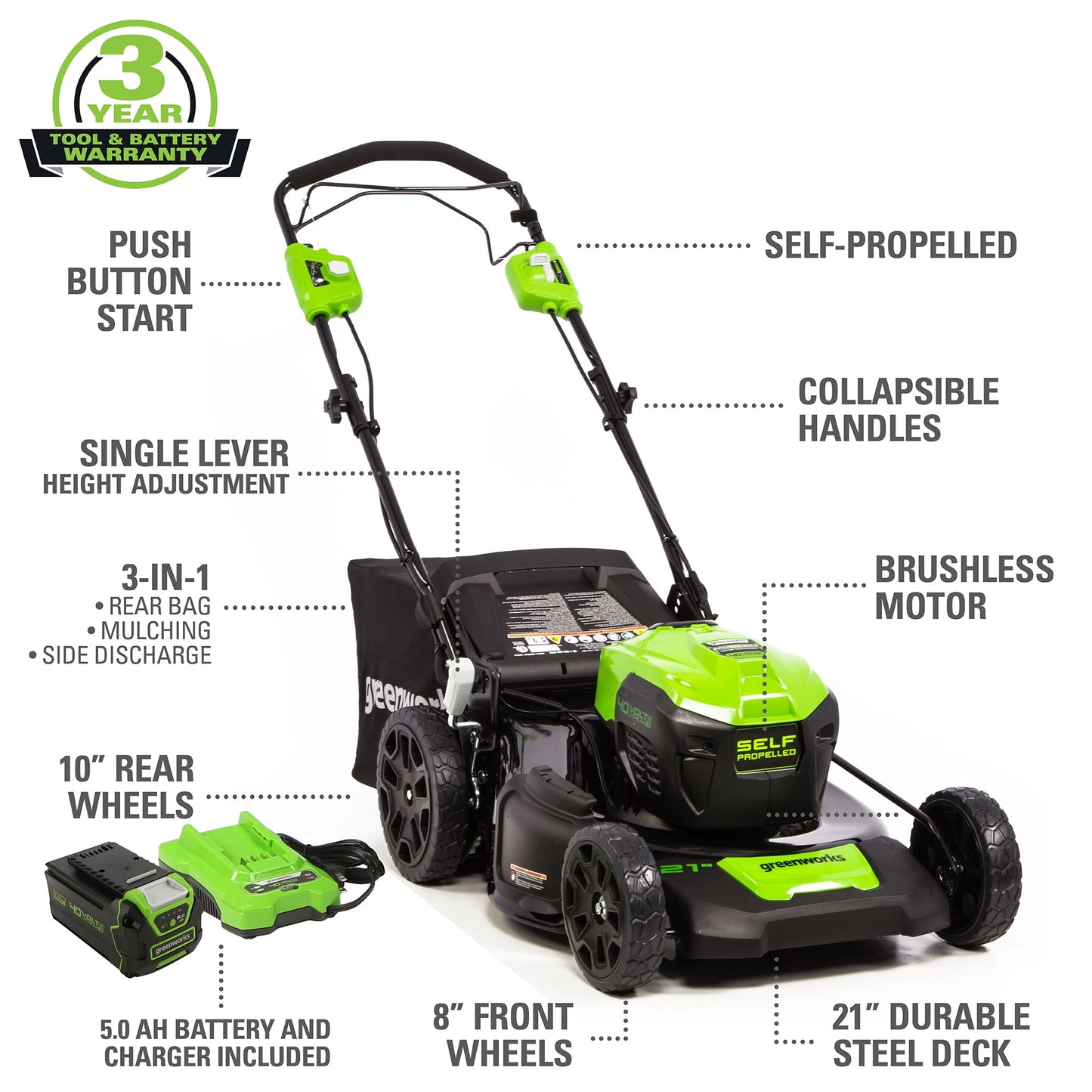 Greenworks 40V 21-inch Brushless Self-Propelled Lawn Mower W/5.0 Ah Battery and Charger, 2516402