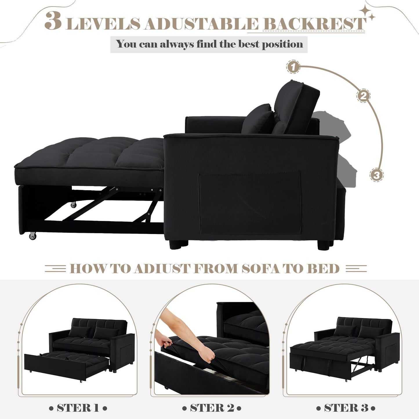 Lunale 55" Convertible Loveseat Sleeper, Tufted Pull Out Sofa Bed for Living Room, Black Velvet