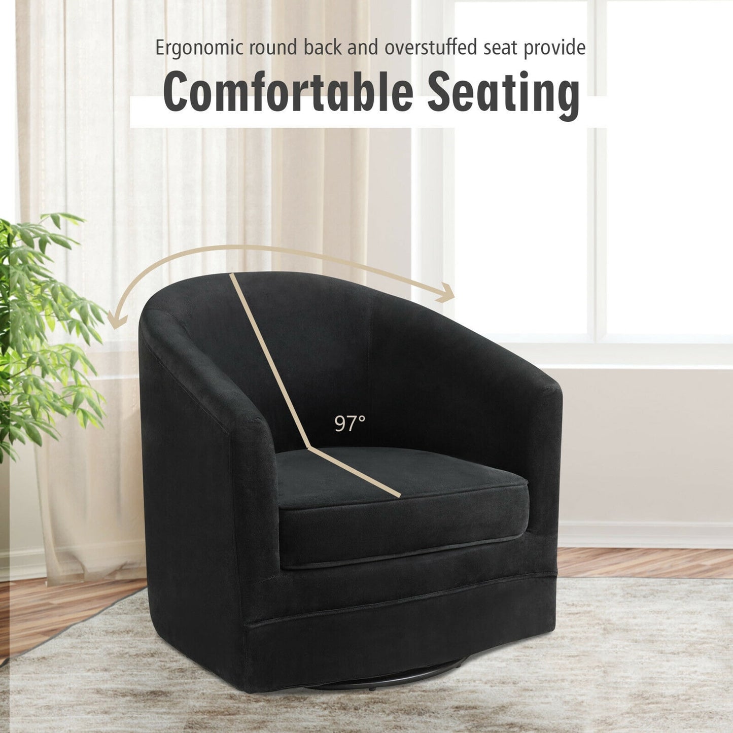 Gymax Velvet Swivel Barrel Accent Chairs with Metal Base, Black (Set of 2)