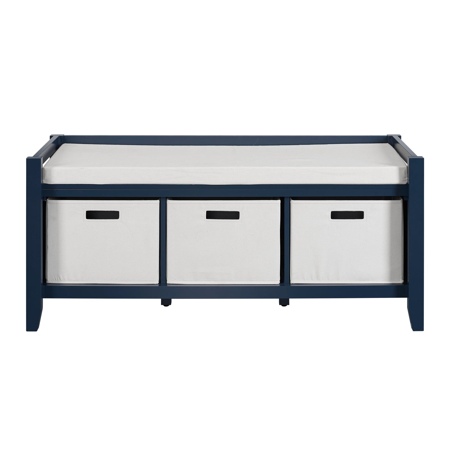 Linon Liesal Storage Bench with 3 Storage Bins, Navy Blue Finish with Cream Bins and Cushion