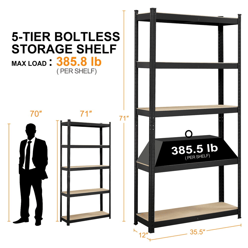 Smile Mart 2PCS 5 Tiers Adjustable Storage Shelf Units for Garage, 35.5″ L*12″ W*71″ H, Black
