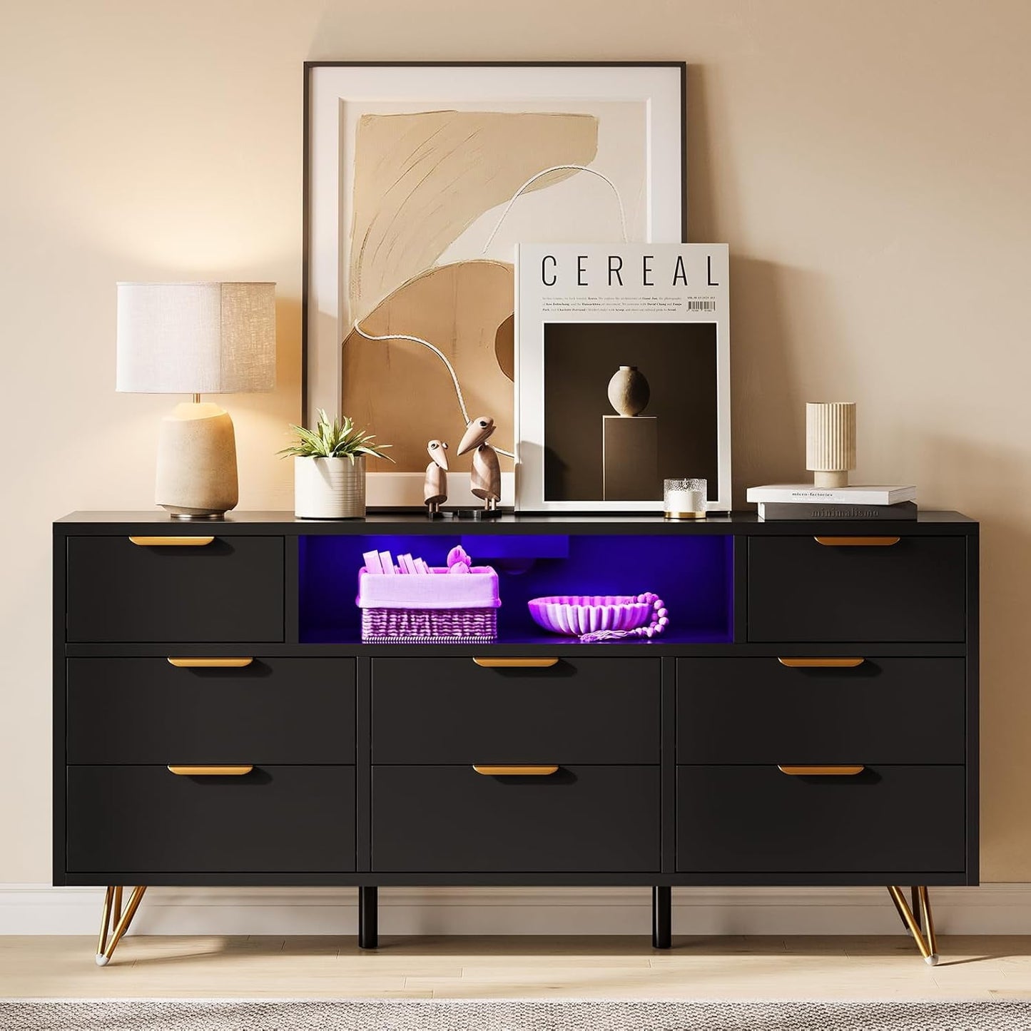 Hetoy 8-Drawer Black Dresser with LED Lighting & Integrated Charging Station – Modern Storage TV Stand for Bedroom, Living Room, Closet & Hallway Organization