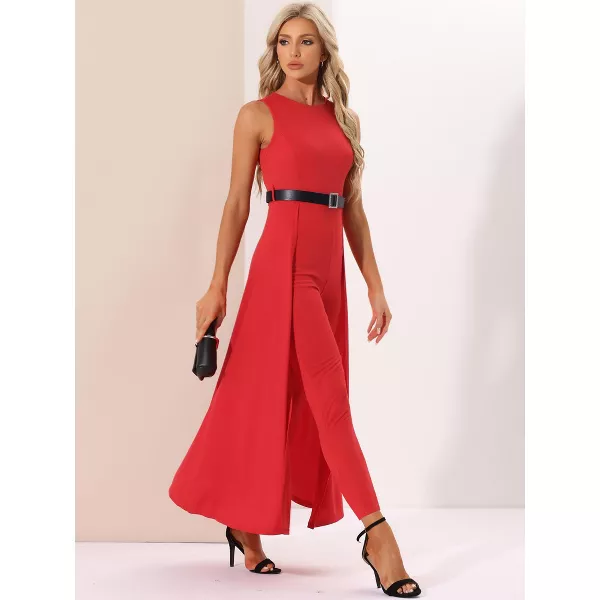 Allegra K Women's Patchwork Overlay Sleeveless Belted High-Waist Rompers Jumpsuit Red Large