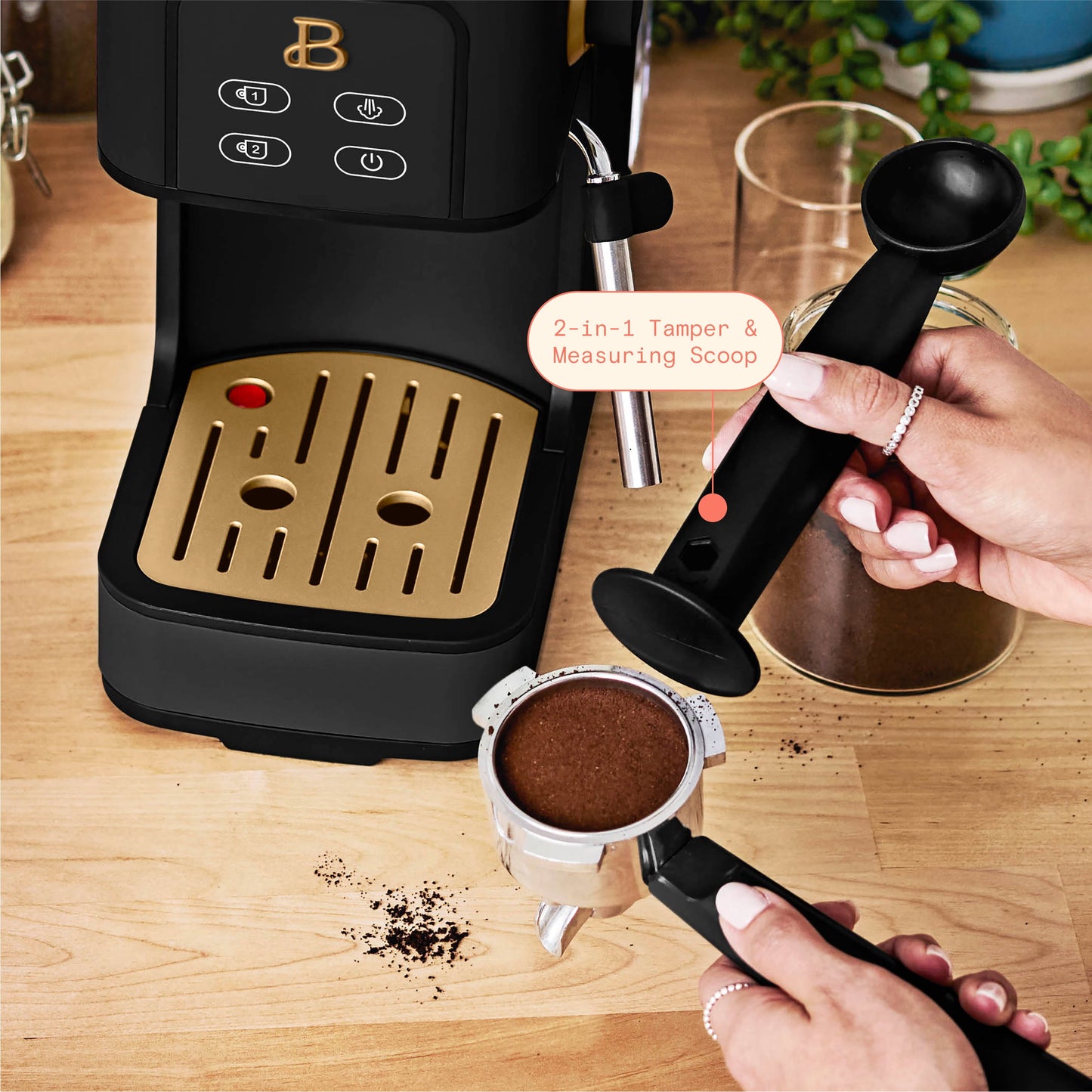 Beautiful Slim Espresso Maker with 20-Bar Pressure, Black Sesame by Drew Barrymore