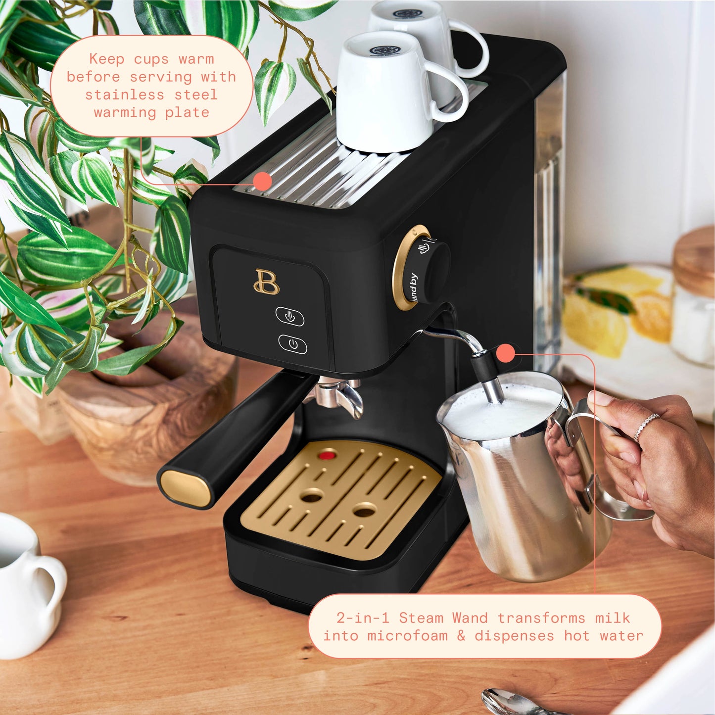 Beautiful Slim Espresso Maker with 20-Bar Pressure, Black Sesame by Drew Barrymore