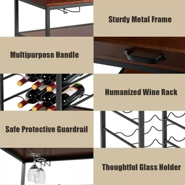 Costway 3 Tier Kitchen Trolley Utility Cart w/Wine Rack & Glass Holder