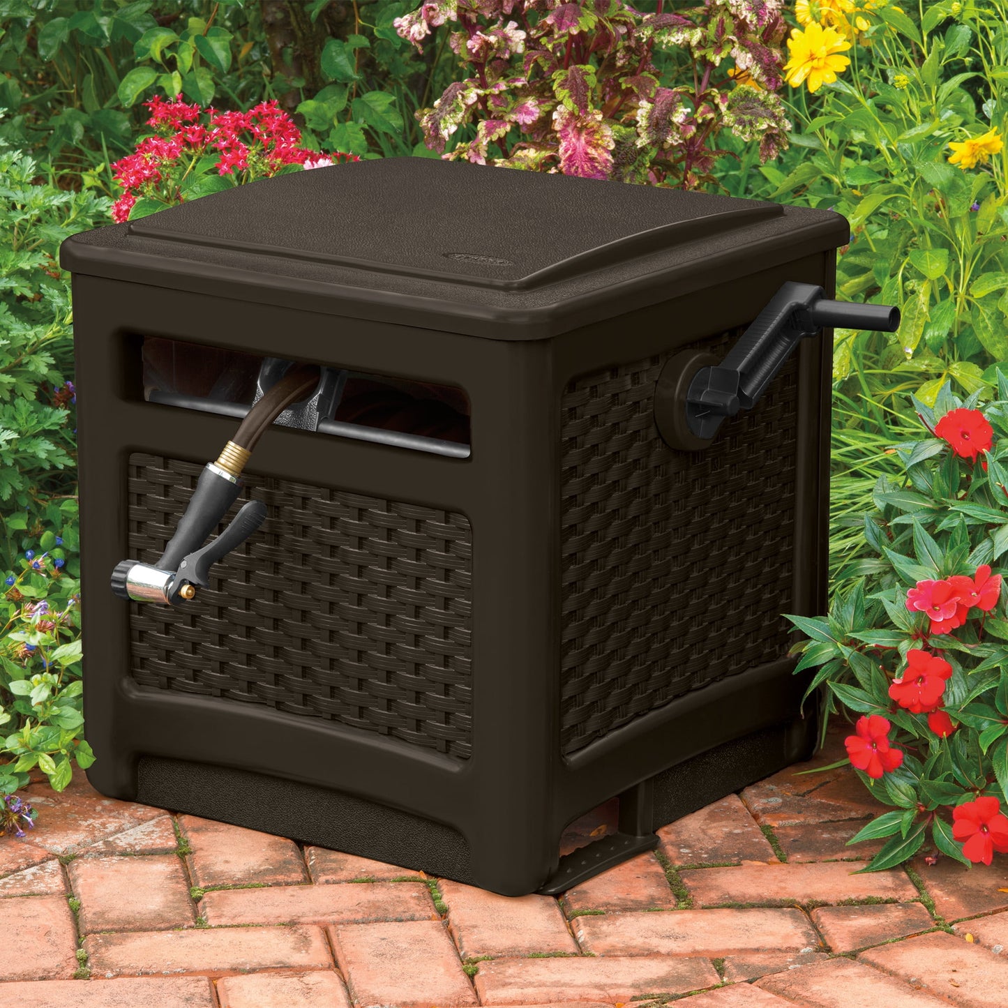 Suncast 225 ft. Smart Trak Wicker Garden Hose Reel Guide and Hideaway, Java Brown