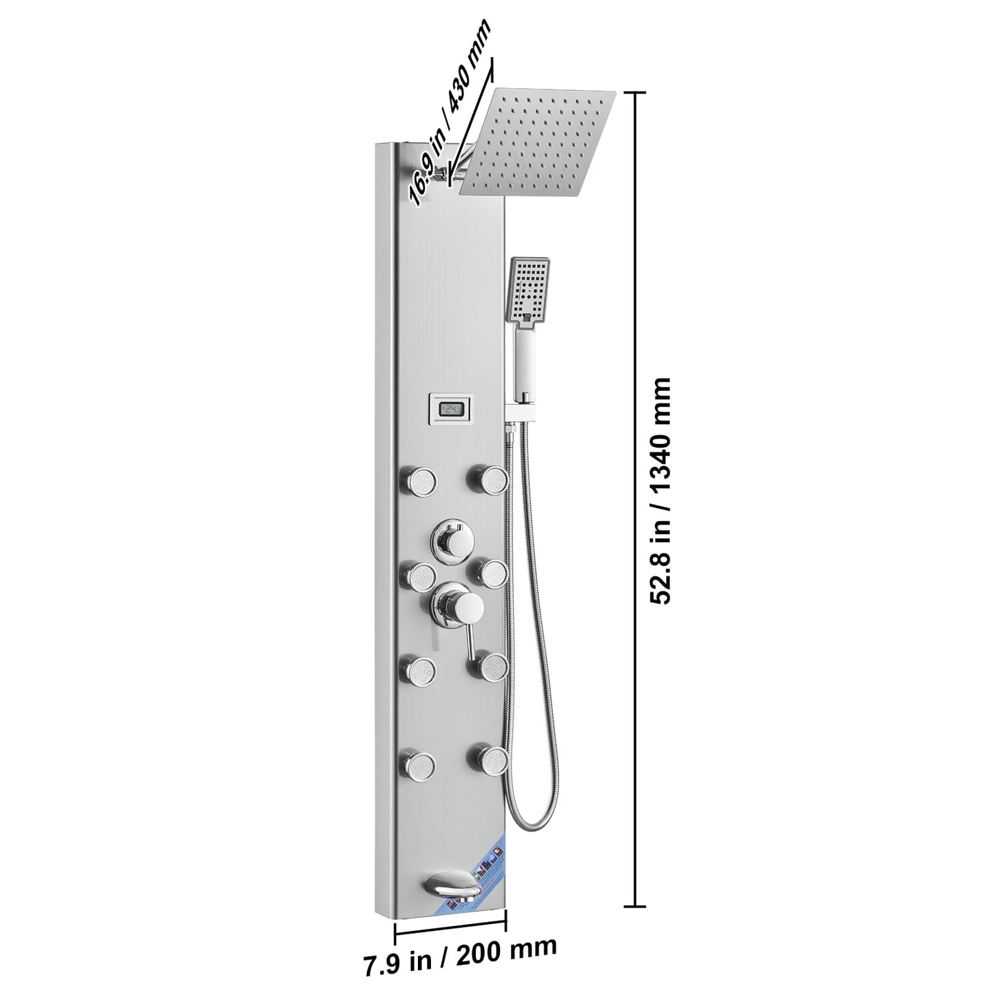 KFFKFF Shower Panel System, Quintuple Shower Functions, Numeric Indicator Shower Panel Tower, Downpour, 8 Therapeutic Jets, Bathtub Faucet, with 59" Hose, Stainless Steel Wall-Attached Bath Set