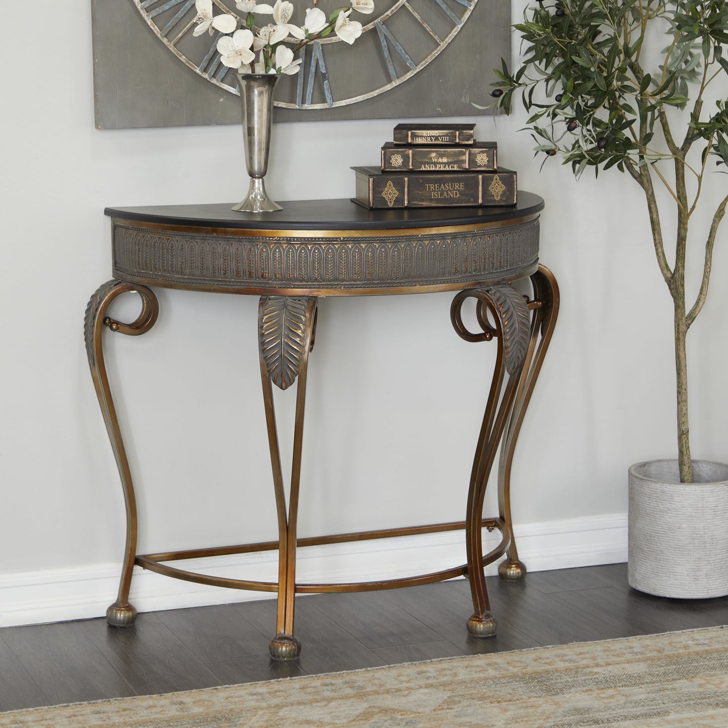 DecMode 41" x 33" Gold Metal Embossed Leaf Console Table with Ornate Scroll Legs, 1-Piece