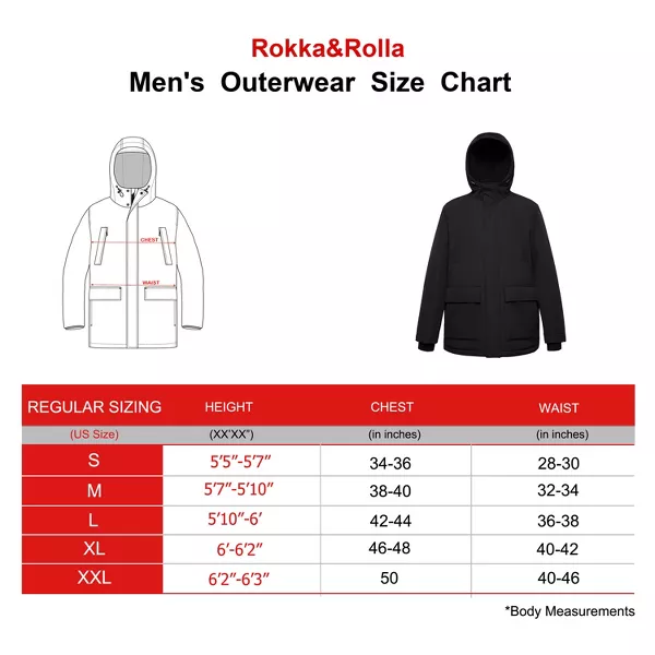 Rokka&Rolla Men's Parka Jacket Winter Coat with Fleece Hood-Black, size Large