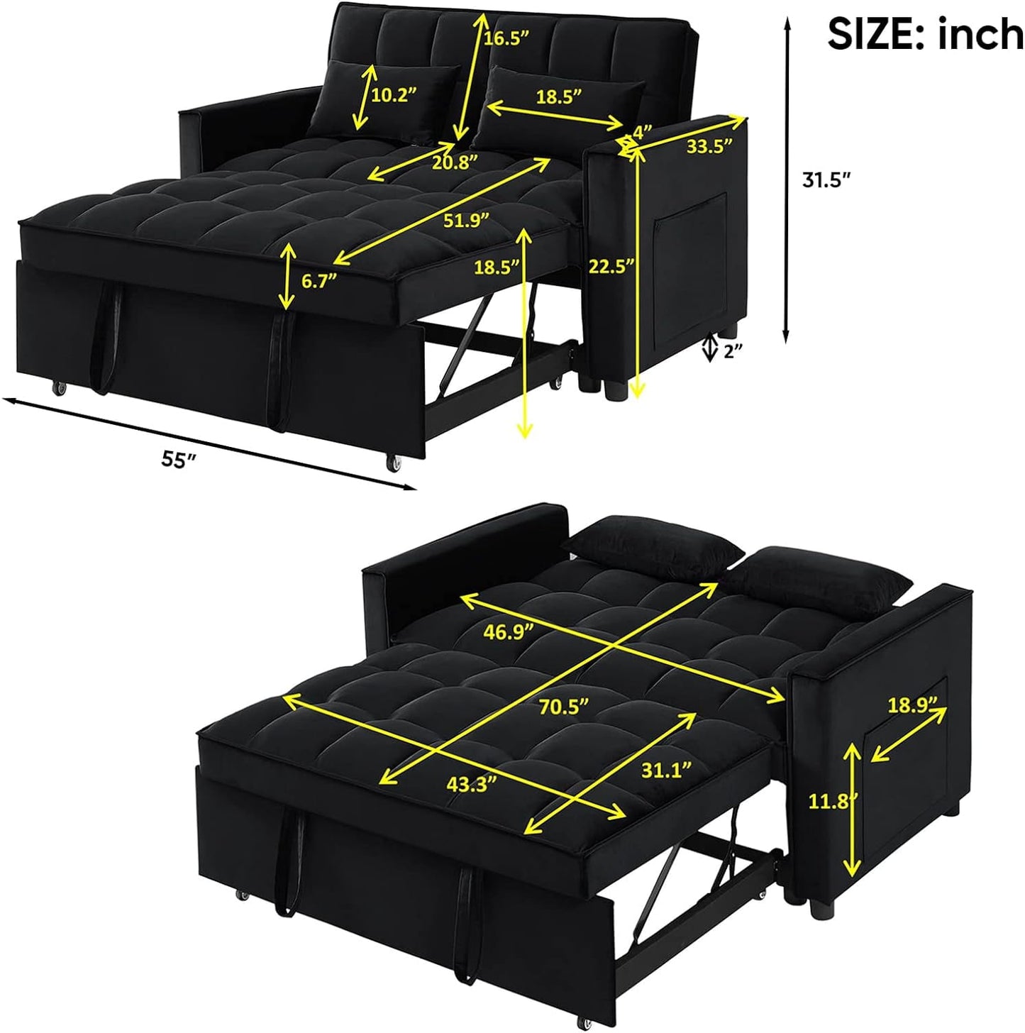 Lunale 55" Convertible Loveseat Sleeper, Tufted Pull Out Sofa Bed for Living Room, Black Velvet