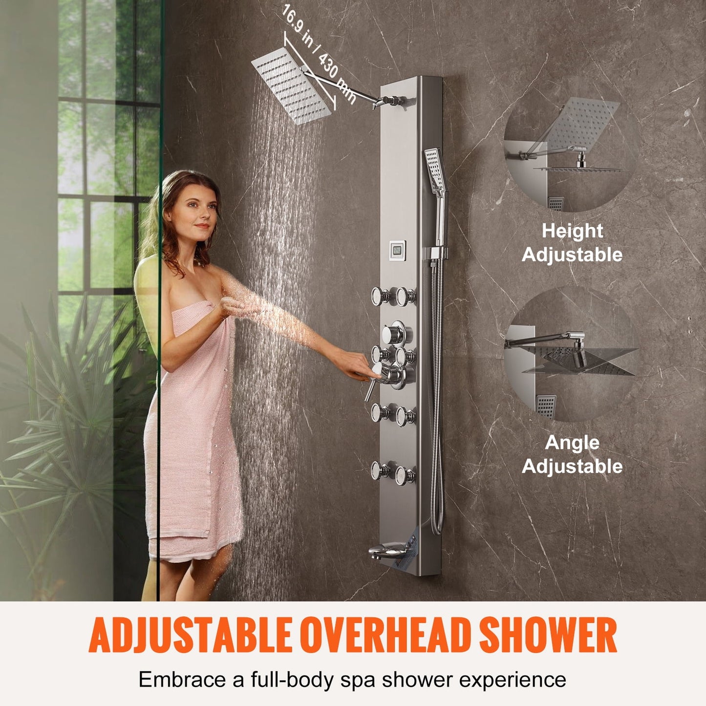 KFFKFF Shower Panel System, Quintuple Shower Functions, Numeric Indicator Shower Panel Tower, Downpour, 8 Therapeutic Jets, Bathtub Faucet, with 59" Hose, Stainless Steel Wall-Attached Bath Set