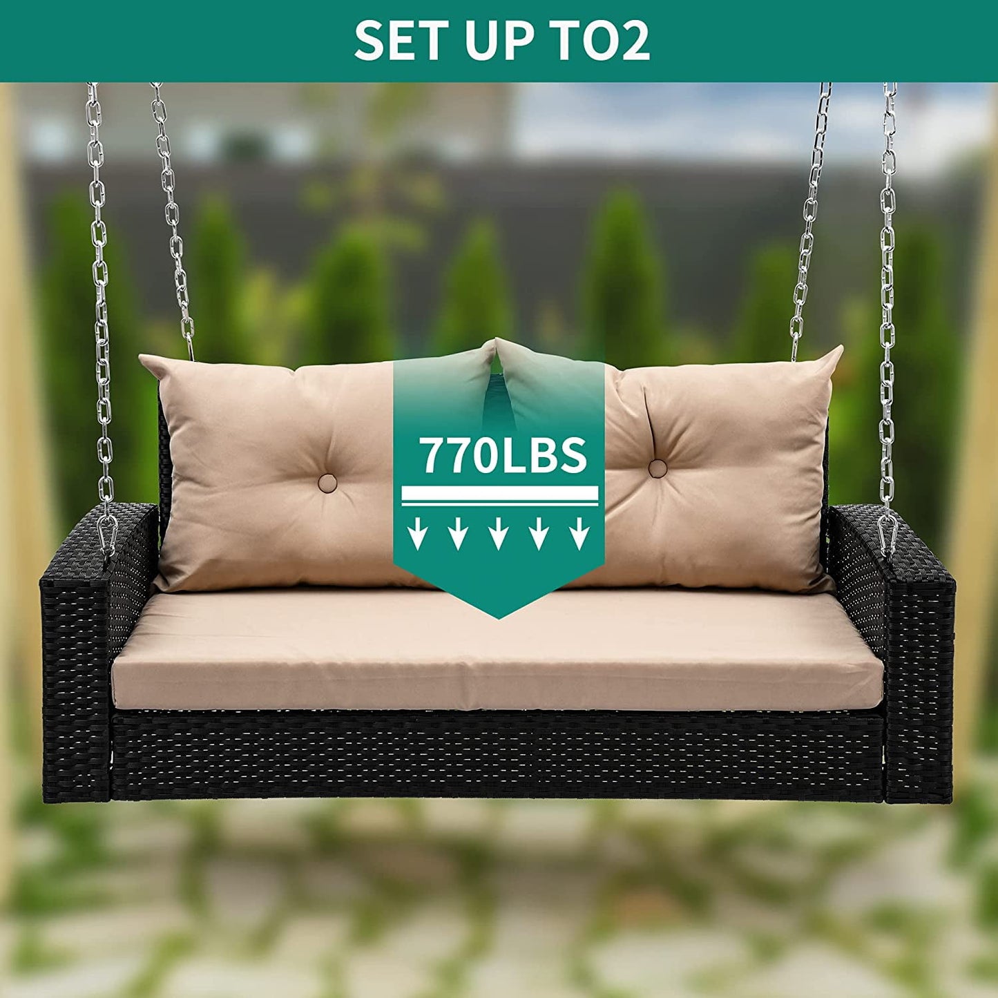 Dextrus 2-Seats Wicker Hanging Porch Swing Chair Outdoor Black Rattan Patio Swing Lounge w/ 2 Back Cushions Capacity 770lbs for Garden, Balcony, Living Room, Beige