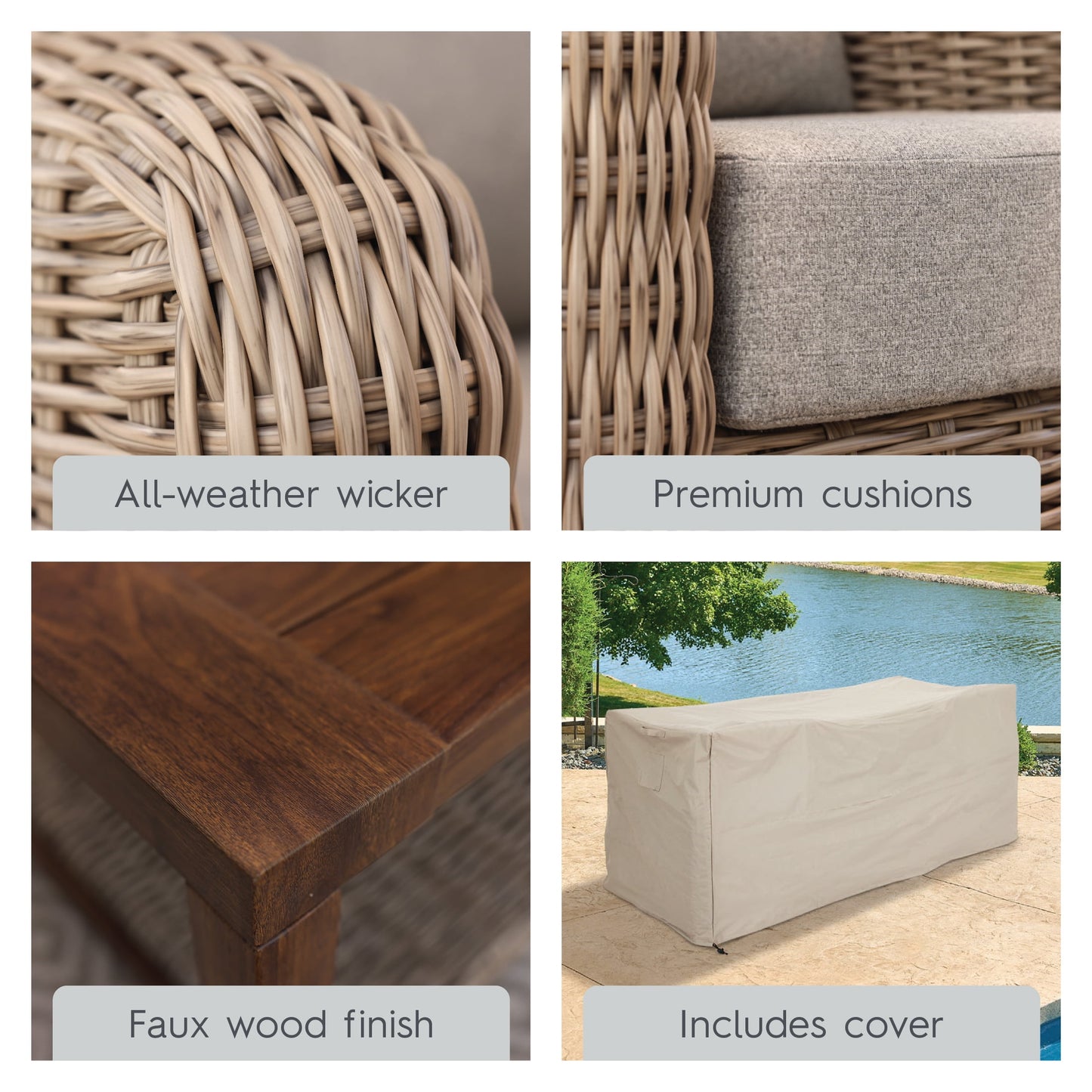 Better Homes & Gardens Bellamy 2 Piece Wicker Outdoor Sofa Gray Cushions & Coffee Table Set with Patio Cover