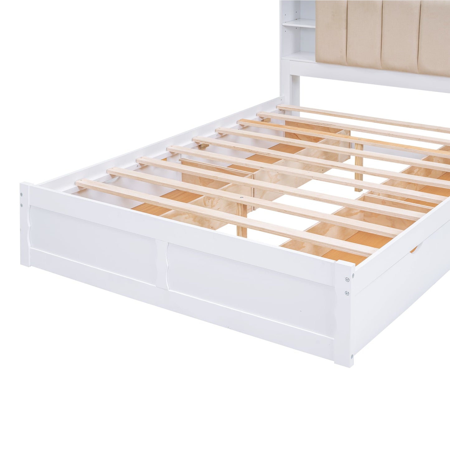 EUROCO Upholstered Queen Bed, Wood Platform Bed with Shelves and Drawers for Adults, Heavy Duty for Bedroom,Guests Room,White