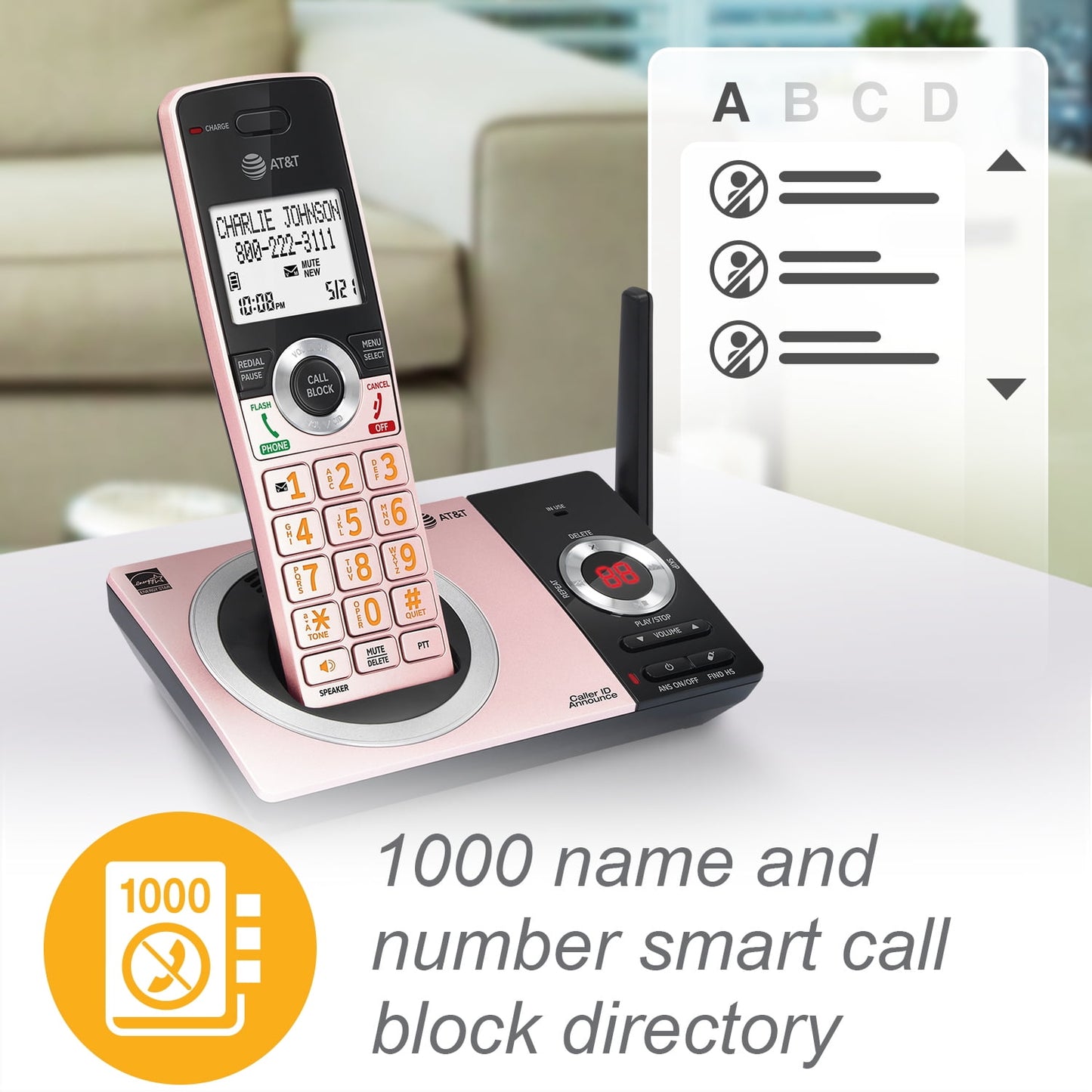 AT&T CL82229 2 Handset Cordless Expandable Answering System with Smart Call Block, Rose Gold